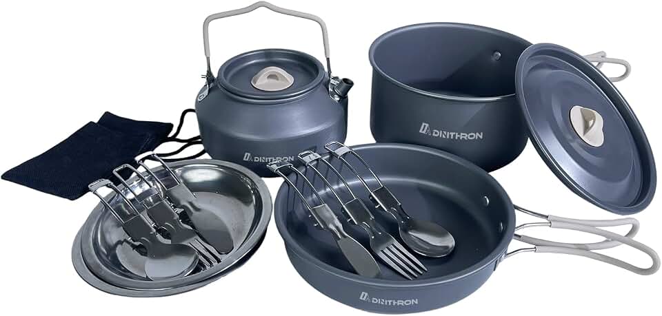 13-Piece Camping Cookware Set for 2, 2 L Pot &amp; 1.1 L Kettle | 0.7 L frying pan, tableware for two, hard-anodized aluminum, silicone handles, 690 g total weight and nesting storage