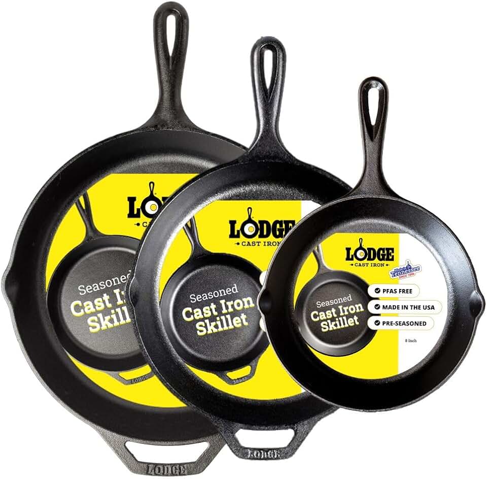 Lodge Pre-Seasoned Cast Iron Skillet Set, 8, 10.25 and 12 Inches | Non-Toxic &amp; Naturally Non-Stick Cast Iron Pan, Compatible with Oven, Stove, Grill &amp; Campfire, Made in USA