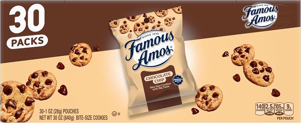 Famous Amos Classic Chocolate Chip Cookies, Bite-Size Crunchy Cookies, Sweet Treats for Sharing, 30 Pack Box, 1 oz Pouch