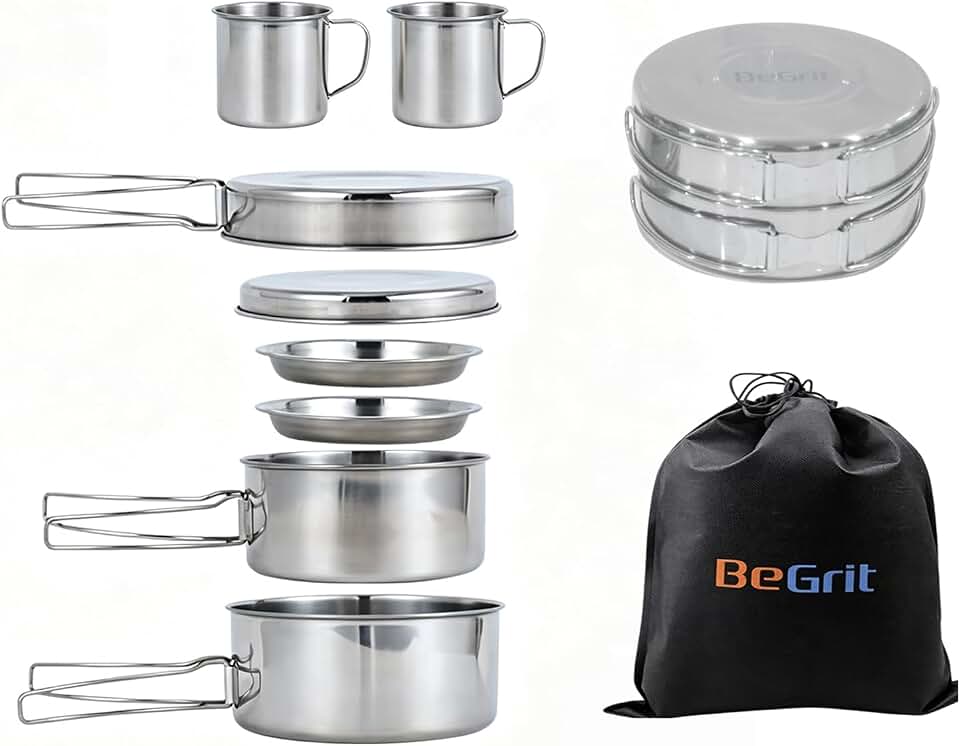 BeGrit Stainless Steel Camping Cookware Pot and Pan Set for Backpacking | 1.72lbs 8-piece stainless steel camping cook set with folding handles. Includes pots, pan, plates &amp; cups for 1-2 people