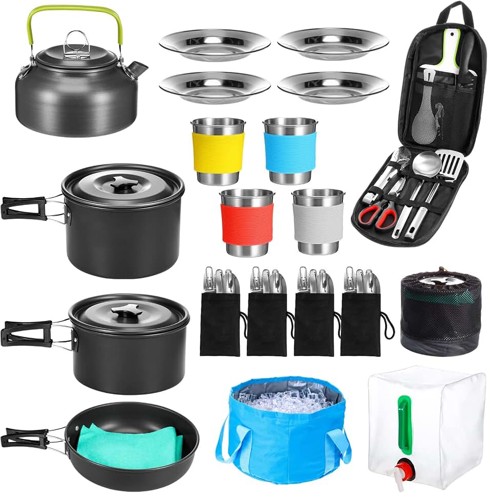 Gejoy 42 Pcs Camping Cookware Mess Kit, Non Stick Lightweight Pots Pan Kettle, Collapsible Water Container and Bucket, Stainless Steel Cups Plates Forks Knives Spoons for Outdoor Backpacking Picnic
