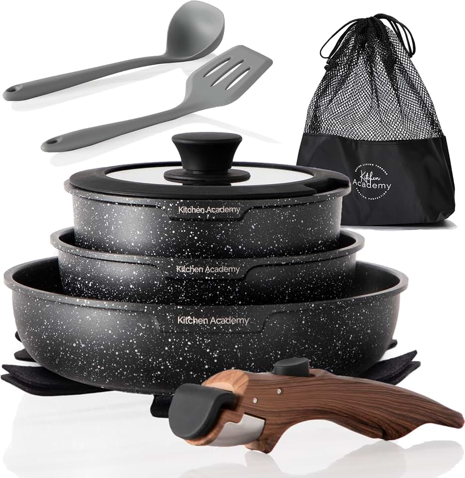 Kitchen Academy Removable Handle Induction Pots and Pans Set - 10 Piece Non-stick Cookware Sets, Black Granite Stackable RV Cookware for Camp | Stackable nonstick cookware set with detachable handle. Oven &amp; Induction safe, space-saving design for camping.