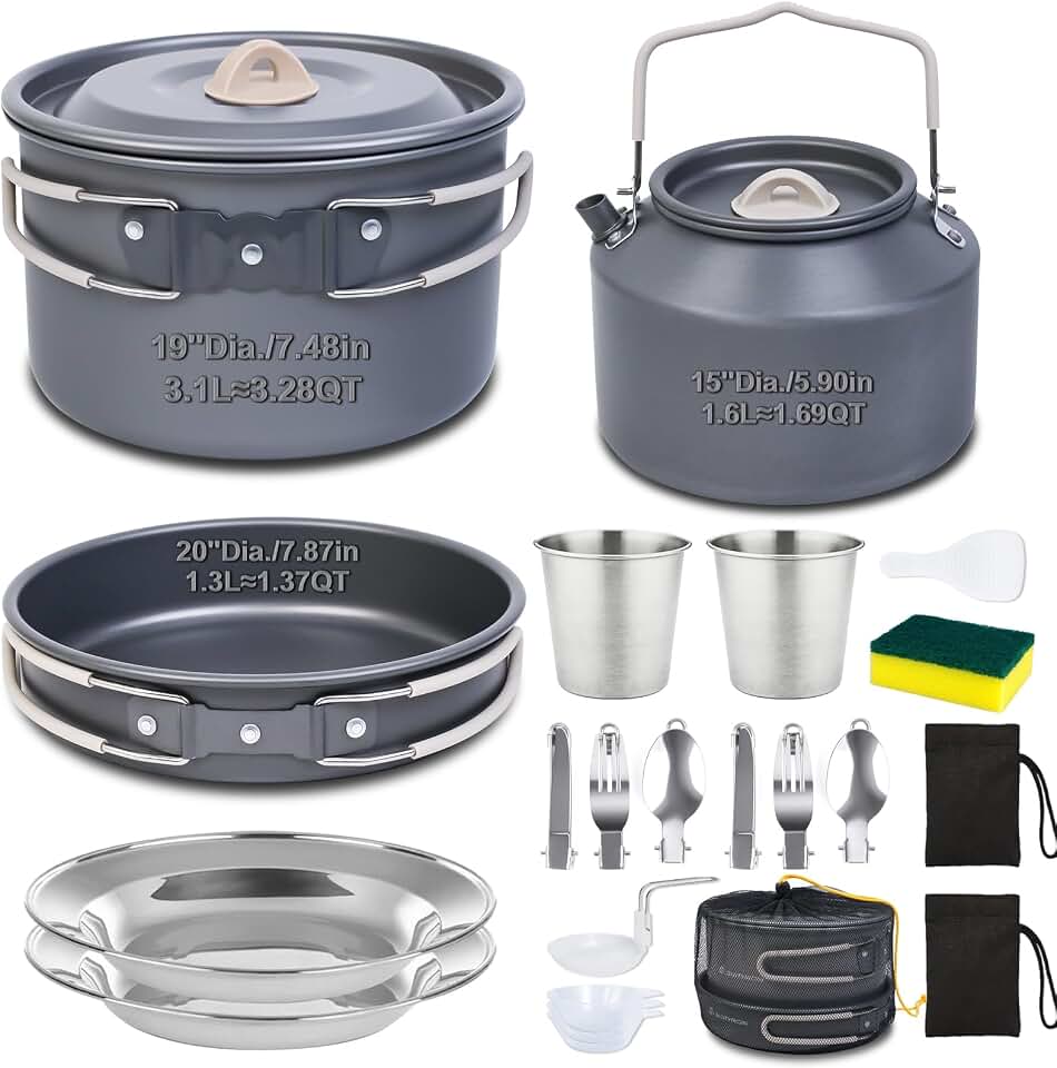 22-Piece Large Camping Cookware Set, 3.3L Pot &amp; Kettle