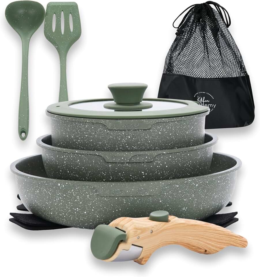 DishDelight Detachable Handle Camping Pots and Pans Set Non Stick | Pans with Removable Handles, Kitchen Induction Compatible, Granite Non-Toxic, Portable Stackable RV Cookware Set for Camper