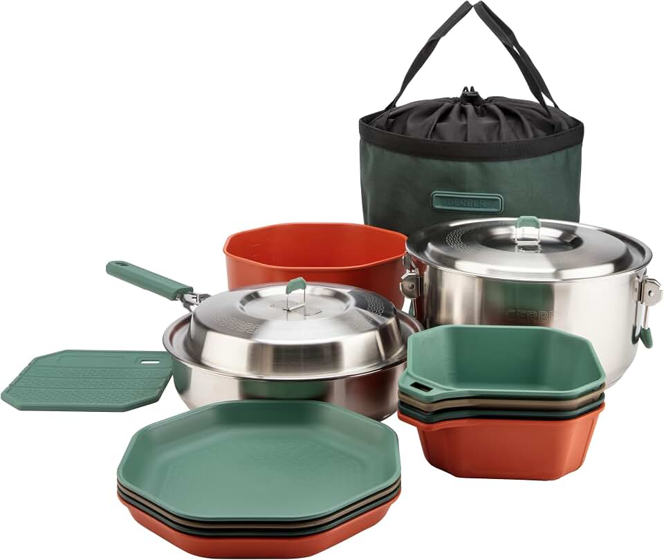 Gerber Gear ComplEAT Cook Set - Dishwasher-Safe Camping Cookware for Outdoor Cooking - Includes Saute Pan, Stock Pot, 4 Plates, 4 Bowls, Mixing Bowl &amp; More