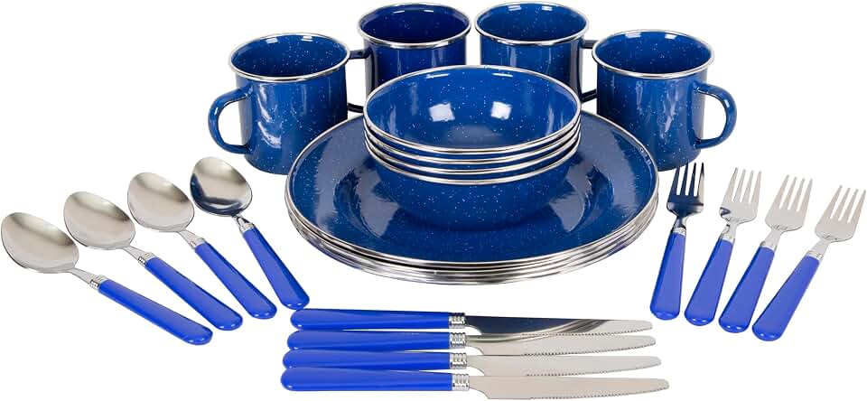 Stansport Deluxe 24-Piece Enamel Tableware Set - Enamel Plates and Bowls Lightweight and Durable Camp Dish Set for Camping and Backpacking Plates and Bowls for 4 People