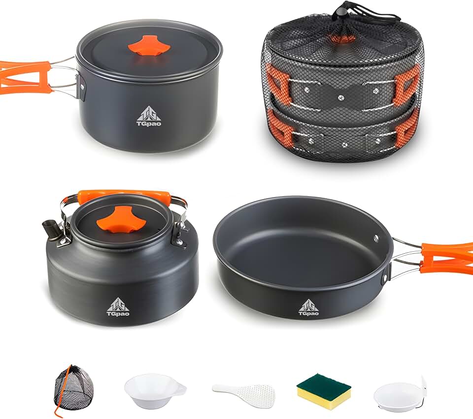 Collapsible Camping Cookware Set, Portable 4-in-1 Outdoor Camping pots and Pans Set with Nonstick Frypan, Pot, Kettle &amp; Carry Bag, Hard-Anodized Aluminum for Camping, Hiking (2-6 Person)