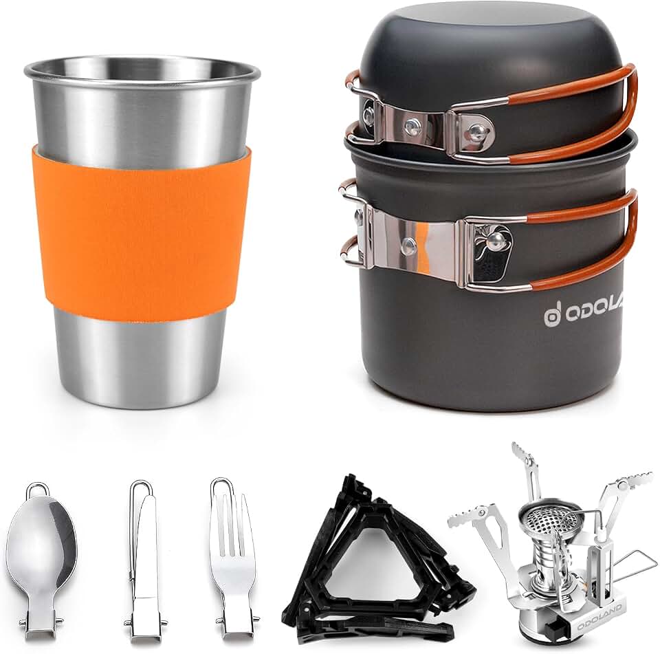 Odoland Camping Cookware Stove Set with 1.2L/0.6L Pots and Protable Stove | Stainless Steel Cup, Tank Bracket, Carabiner, Canister Stand Tripod, Fork Spoon Knive Kit for Backpacking Hiking Picnic