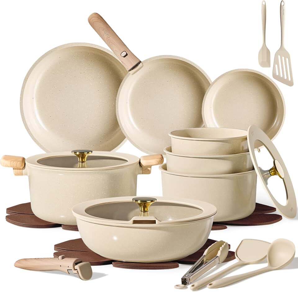 CAROTE 25pcs Ceramic Cookware Set, Pots and Pans Set with Detachable Handle | Non-Stick, Non-Toxic, PFAS &amp; PFOA Free, Induction Compatible, Dishwasher &amp; Oven Safe, Space Saving, Camping Cooking, Oatmeal