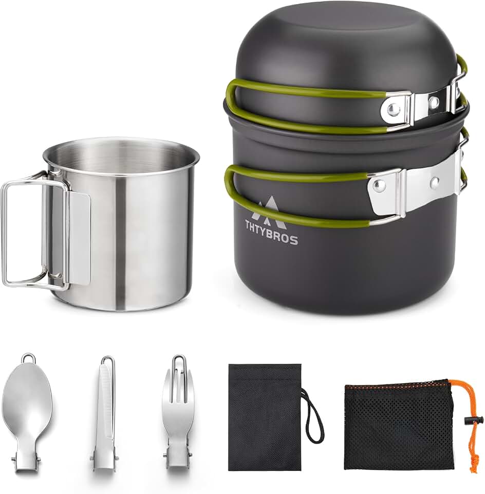 Camping Cookware Kit Backpacking, 0.33Gal Pots and 0.17Gal Pans Set,0.08Gal SUS304 Cup, Forks Knives Spoons for Hiking,Camping,Outdoor Cooking,Picnic,Solo Camping cookware Recycled Claim Standard Blended