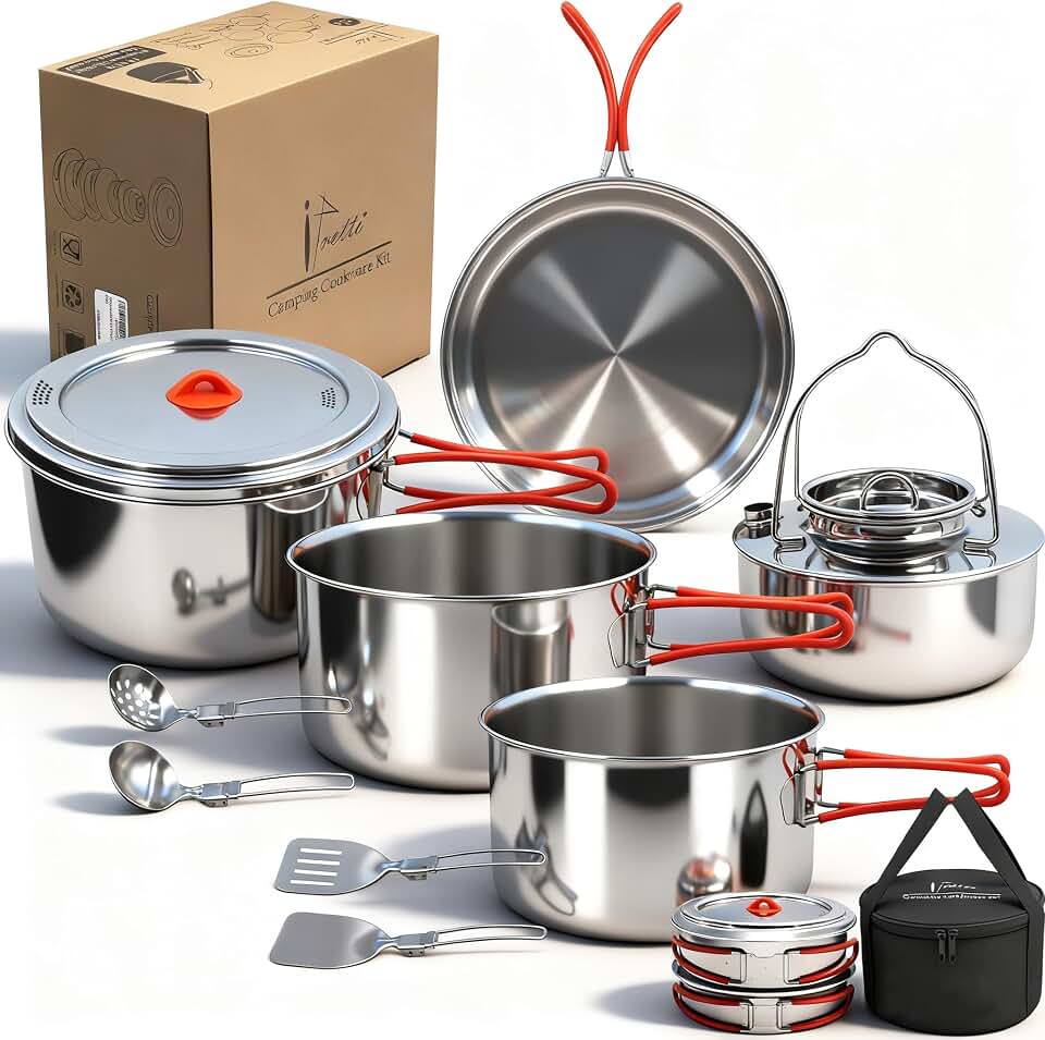 Foldable 18/8 Stainless Steel Camping Cookware 11pcs for 4-8 People | 304 Steel,large capacity,portable,nesting,outdoor,kettle,utensil,all in one,RV travel,group,family size,stackable,save space