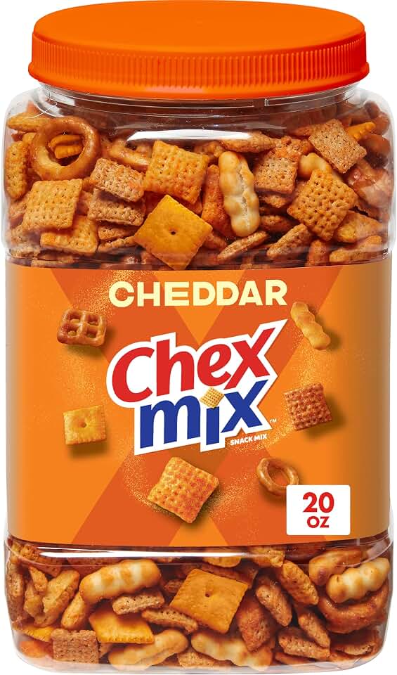 Chex Mix Cheddar Snack Mix, Resealable Tub, 20 oz | Corn &amp; Wheat Chex, Pretzels, Cheese Crackers, Mini Breadsticks, 50% Less Fat than Standard Potato Chips