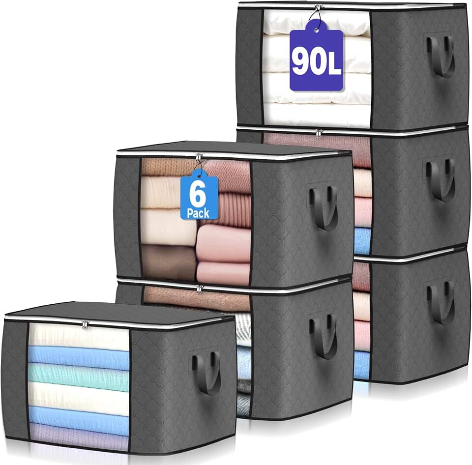 90L Large Storage Bags, 6 Pack Clothes Storage Bins Closet Organizers | Foldable Storage Containers, with Reinforced Handle, for Clothing, Blanket, Comforters, Bed Sheets, Pillows and Toys,Gray