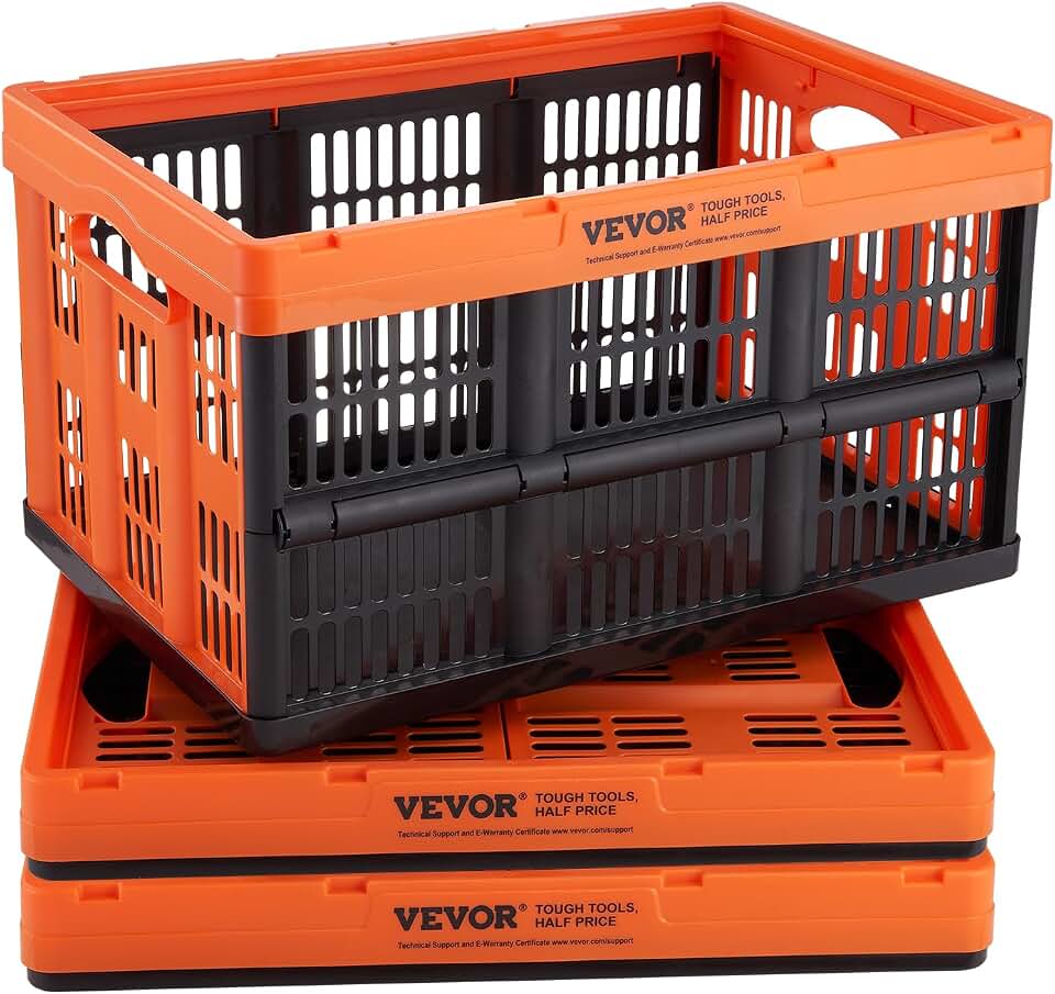 VEVOR 45L Plastic Collapsible Storage Basket 3 Packs, Folding Storage Crate | For Clothes, Toys, Books, Snack and Grocery Organizing, Folding Stackable Storage Containers/Bins with Handles, PP Material