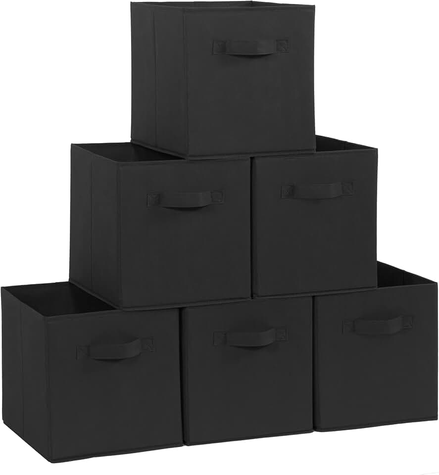 STORAGE MANIAC Storage Cubes, 11 Inch 6 Pack Collapsible Fabric Shelf Bins | Closet Basket Organizer with Handle for Shelves, Offices, 10.5" x 10.5" x 11" Non-Woven Foldable Storage Boxes, Black