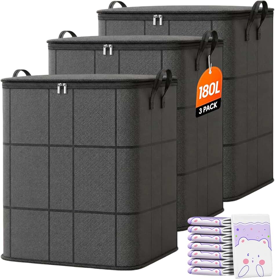 3 Pack 180L Spacious Moving Storage Bin, Portable Moving Storage Bags, Foldable Large-Capacity Clothes Storage Containers for Bedroom, Closet, Clothing, Comforter, Reinforced Handles，XL: 180L：3