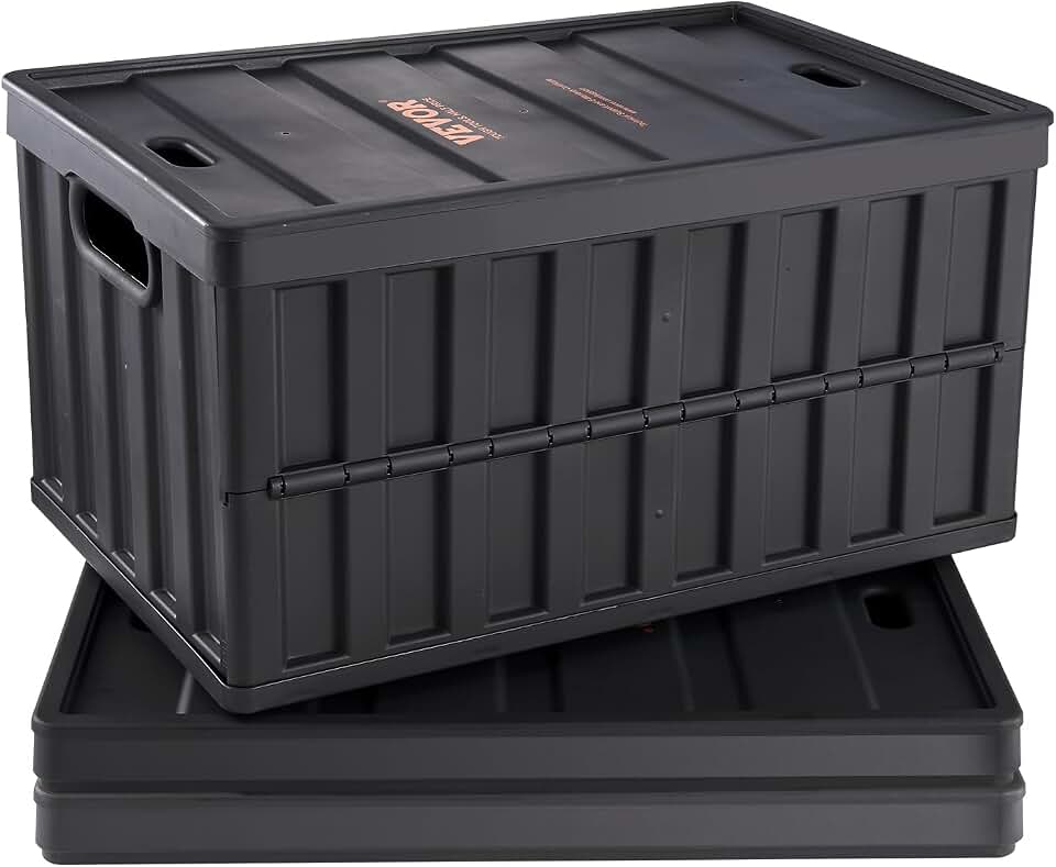 VEVOR 65L Collapsible Storage Bins with Lids 3 Packs, Stackable Crates | For Organizing Tools, Books, Food, Drinks, Camping&amp;Transport, Large Heavy Duty Folding Containers with Handles, PP Material