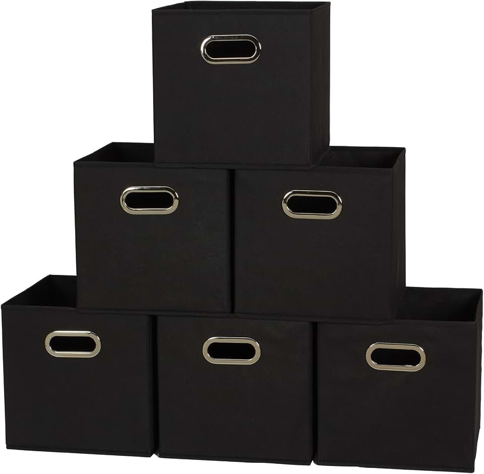 Household Essentials Foldable Fabric Storage Bins 6 Piece Set, Strong Poly-Woven Fabric, Sturdy Chipboard Sides, Grommet Front Handle, Stackable, Classic Design, Black