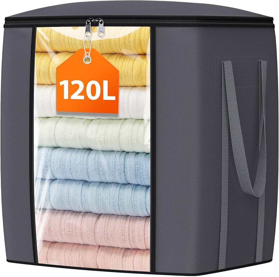 TasticTotes 120L Extra Large Blanket Clothes Storage Bags, Gray, 1 Pack | Foldable Blanket Storage and Organization, Thick Fabric Containers with Reinforced Handles &amp; Zippers for Comforters, Bedding