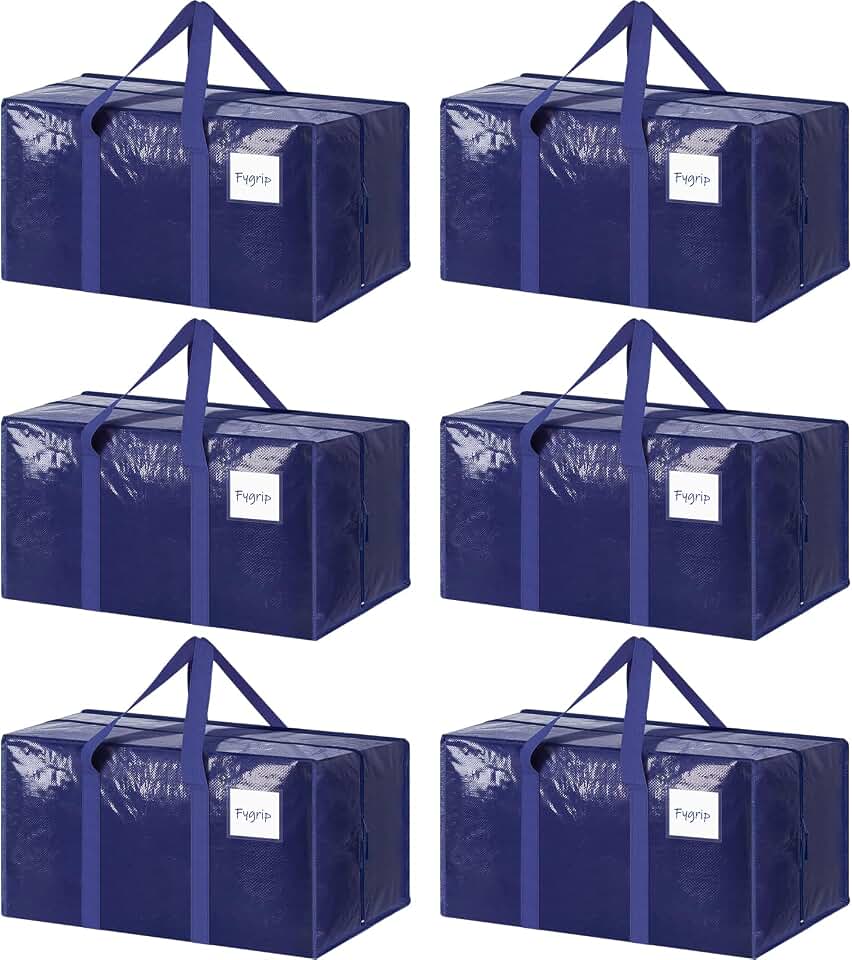 6 Pack Extra Heavy Duty Large Moving Bags with Strong Zipper, Dark Blue | Comfortable Handles, Sturdy &amp; Durable Clothes Storage Bags Totes Bins, Blue Packing Moving Boxes for College Supplies