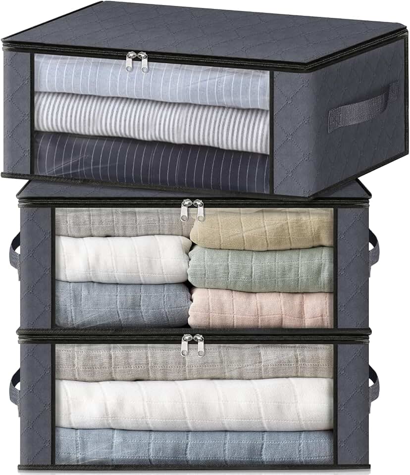 HomeHacks 3-Pack Clothes Organizer Storage Bags, 35L Storage Bins, Gray | Foldable Storage Box Container with Zippers, Clear Window, Reinforced Handles for Closet, Dorm, Pillows, Bedding, Sweater