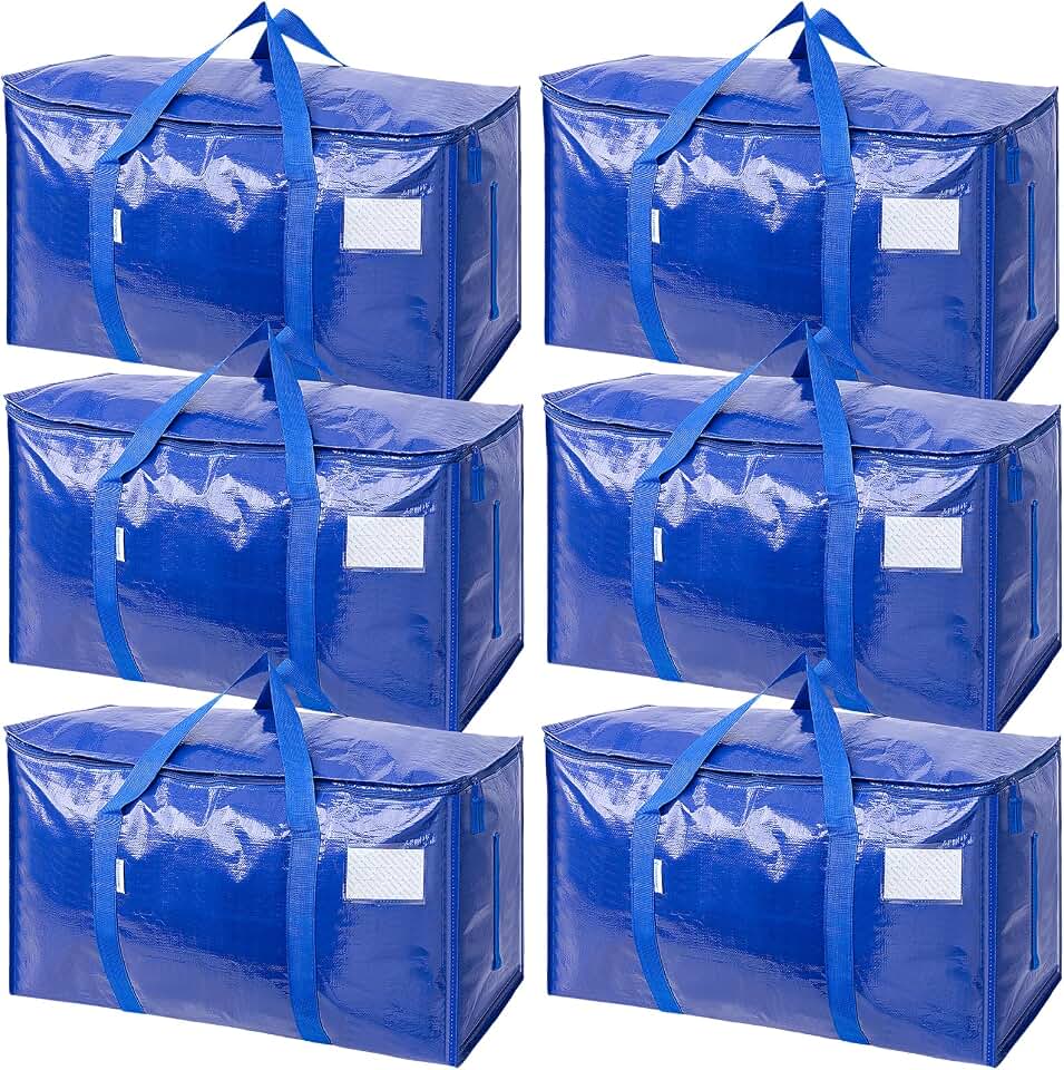 TICONN 6 Pack Extra Large Moving Bags Heavy Duty with Zippers &amp; Carrying Handles, Durable Storage Bags Moving Boxes for Closet Organizers and Storage (6 Pack, Blue)