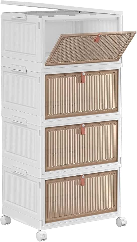 YFXCVSL 4 Tier Plastic Storage Bins with Lid 32QT, Stackable Storage Bins | Plastic Storage Bins with Wheels, Folding Storage Boxes, Organizers and Storage for Living Room,Office,Dorm