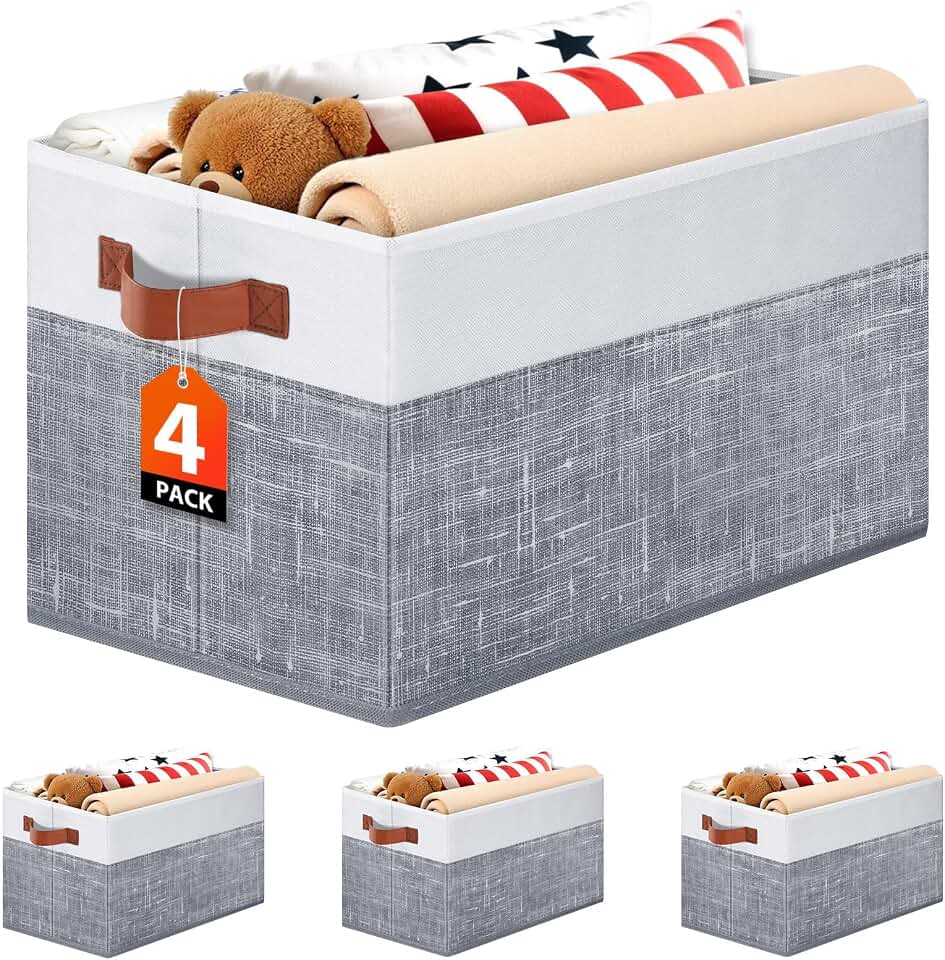 Fab totes Collapsible Storage Baskets for Shelves,14"x10", 4 Pack Foldable Fabric Storage Bins with Double Leather Handles, Large Baskets for Organizing Books, Clothes, White &amp; Grey