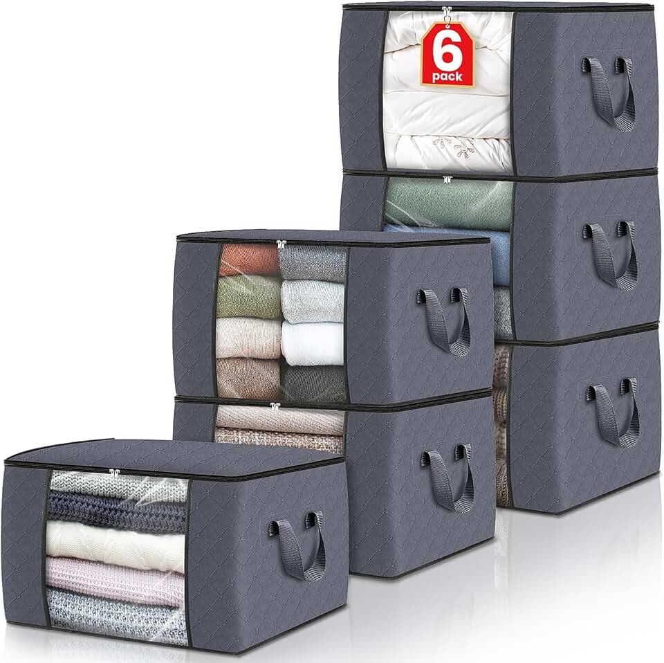 Fab totes 6 Pack Storage Bags for Clothes Blanket Storage Bins with Lids | Foldable Closet Organizers with Zippers,Window and Handles,Fabric Storage Bins for Sweater,Comforter,Bedding,Dorm essentials