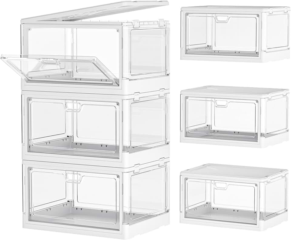 Kmiectse Clear Storage Bins with Lids 3 Pack 【Stackable &amp; Sturdy】 | Plastic Multifunctional Folding Storage Bins for Bedroom, Living Room, Study,Room, 23 QT Folding Box with Magnetic Door