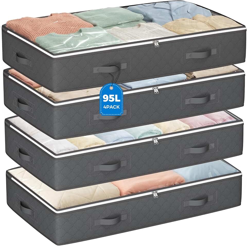 Budding Joy 95L Under Bed Storage Containers, 4 Pack Closet Organizers Grey | Foldable underbed storage bins for linen sheets, blanket, clothing, comforter, sweaters, pillows, wrapping paper