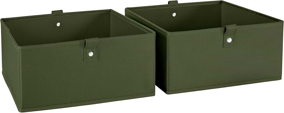RiverRidge Folding Storage Bins - 2-pack of 5in Tall Olive Cubes | Fabric Bins, Set of 2 Storage Cubes, Pull-tab Handles, Playroom Closet Organizer, Collapsible Cubby with Bottom Board Insert
