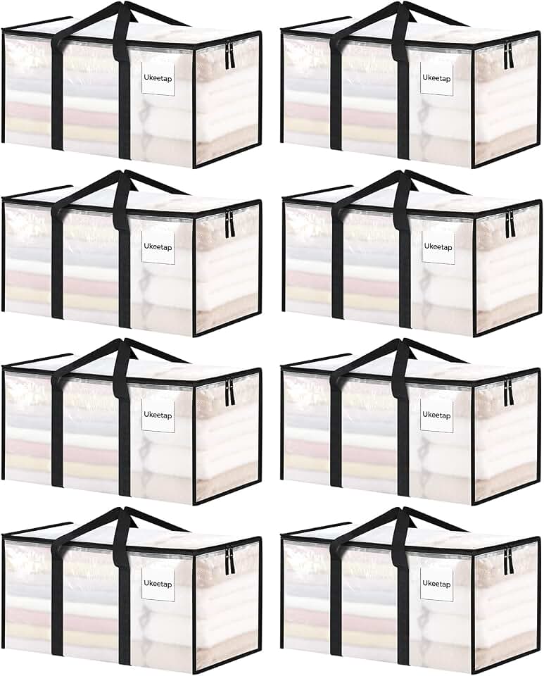 8 Pack Extra Large Clothes Storage Bins with Lids, Moving Bags, Clear | Storage Bags with Reinforced Handles &amp; Heavy-Duty Zippers, Moving Boxes Totes for Clothes Packing, Dorms, College Supplies
