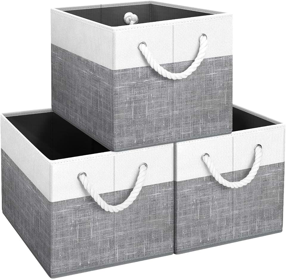 Fab totes Storage Bins Foldable Storage Baskets with Rope Handles | 3-Pack Storage Bins for Organizing Toys, Books, Shelves, Closet, Large Storage Box Sturdy Organizer Bins, White &amp; Grey