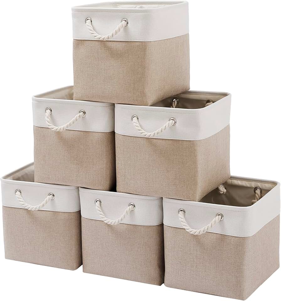 MidmmVick 11 x 11 Inch Cube Storage Bins, 6 Pack Large Collapsible Fabric Storage Bin with Ropes, Foldable Storage Cubes for Home, Office,Closet, Clothes, Toys Organizer (White &amp; Beige-11"x11"x11")