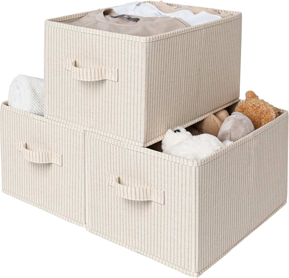 StorageWorks Shelf Organizer Bins, Beige Stripes, 3-Pack, Large | Foldable Shelf Organizer Bins, Closet Storage Baskets for Clothes, Fabric Storage Bins for Shelves Global Recycled Standard