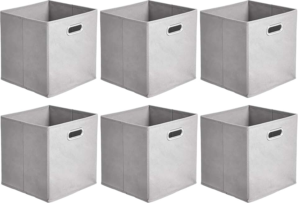 Amazon Basics Collapsible Cube Storage Bins, Space-Saving, Organizing Fabric Bins with Handles, 10.5 x 10.5 x 11 inches, Light Grey, 6-Pack