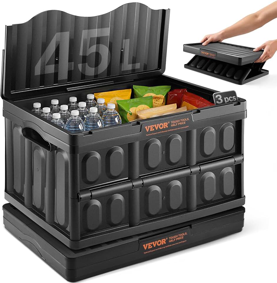 VEVOR 45L Collapsible Storage Bins with Lids 3 Packs, Stackable Utility Crates with Handles, Large Folding Containers for Organizing Tools, Snacks, Books, Food, Drinks, Camping &amp; Transport