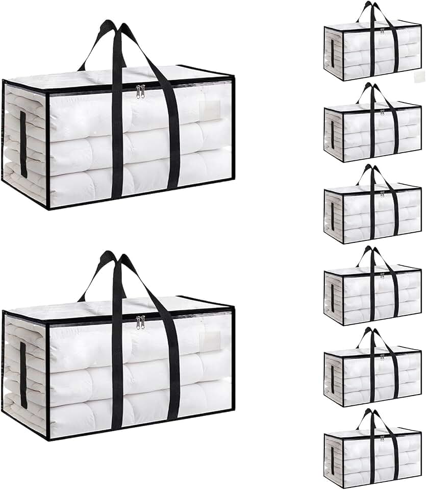 Moving Bags Extra Large 8 Pack - Heavy Duty Storage Totes with Wrap-Around Handles &amp; Reinforced Zippers - Foldable Moving Box Alternative, Water-Resistant for Dorm, Closet &amp; Under Bed Storage (Clear)
