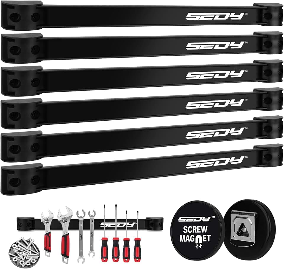SEDY Magnetic Tool Holder Storage Organizer: 7-Piece Garage Wall Mount Rack Organization Strip Power Magnet Organizers Mounted Workbench Board Slatwall Van Hanger