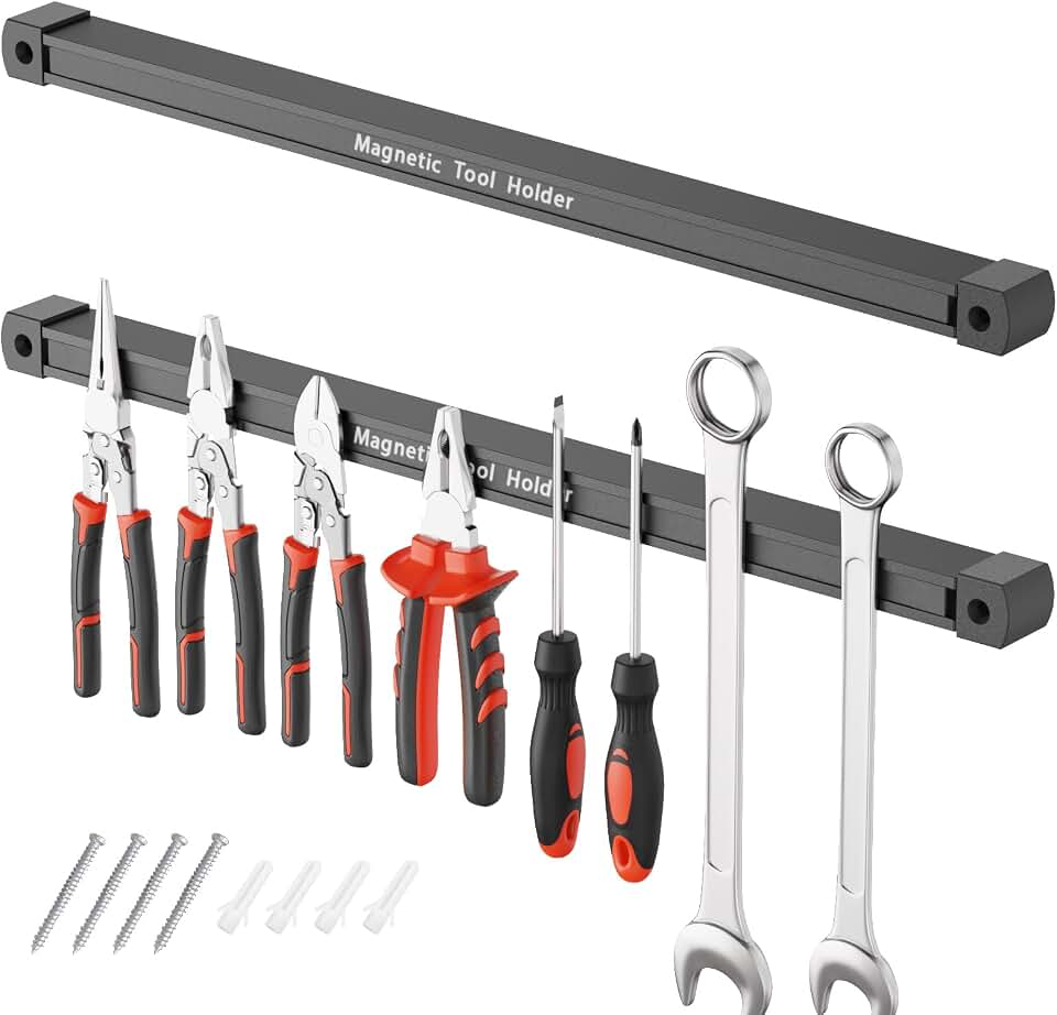17 Inch Double Sided Magnetic Tool Holder, Heavy Duty Wall Mount Bar with Extra Strong Magnets for Screwdrivers Wrenches Pliers, Magnetic Tool Strips for Garage Workshop or Jobsite (2 Pack)