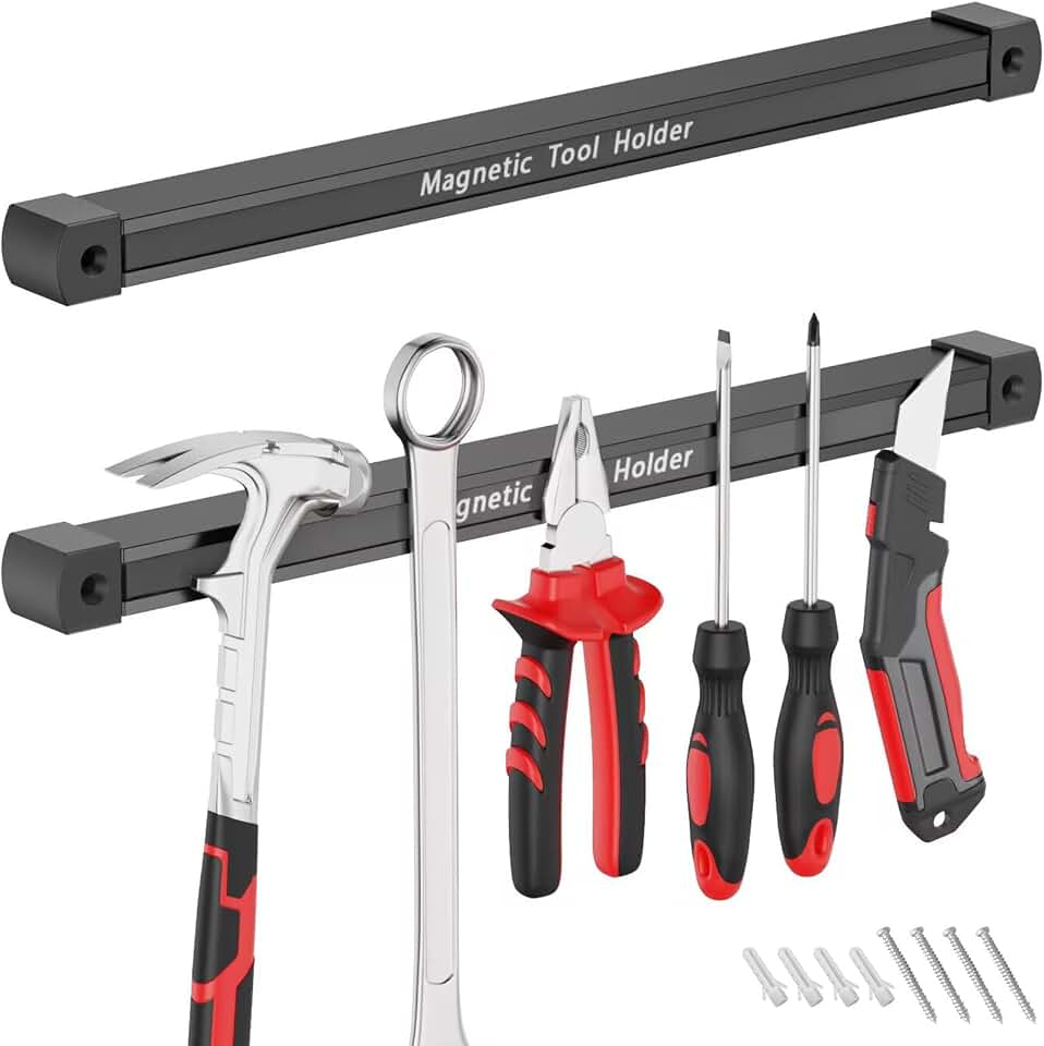 Double Sided Magnetic Tool Holder, 12 Inch Magnetic Tool Bar, Heavy Duty Wall Mount Strip with Ultra Strong Magnet for Garage, Workshop, Jobsite, Shed and Kitchen (2 Pack)