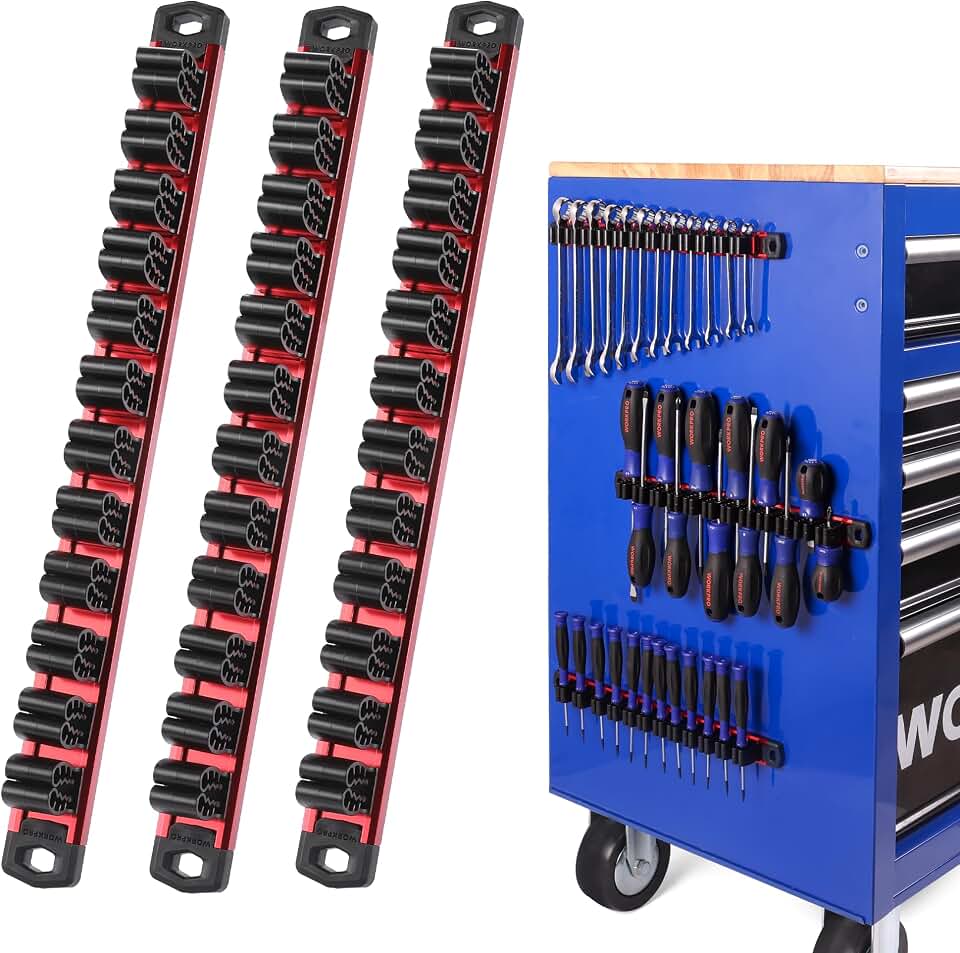 WORKPRO Magnetic Screwdriver and Wrench Organizer Set, 36-Slot Tool Holders | 3-Pack Aluminum Rails, Magnetic Force, Flexible High-Tension Tool Clips, For Tool Box Drawer &amp; Wall-Mount Storage