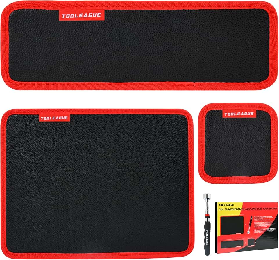 TOOLEAGUE 3Pcs Magnetic Tool Mat with 25Lb Telescoping Magnetic Pickup Pen | 3 Different Size Parts Tool Holder Pad for Organizing Mechanic Wrench Screw Bolts Nuts and Other Small Metal Parts