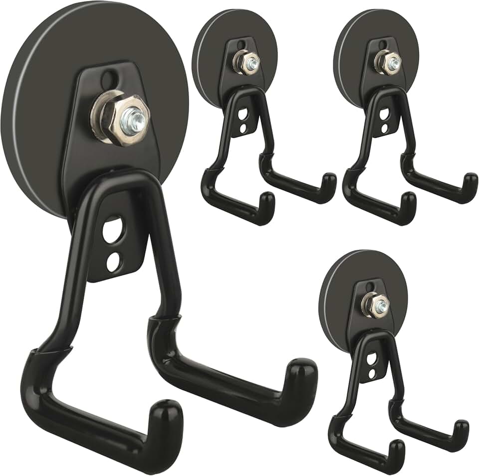 ULIBERMAGNET Upgraded Large Magnetic Hooks,Strong Heavy Duty Magnet Hooks for Power Drill,Broom,Garden Tools,Pegboard,Garage,Workshop,Hardware, 4 Pack Magnet Storage Holder for Hanging(Black)