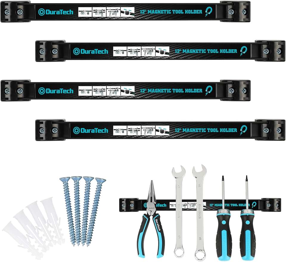 DURATECH 4 Pack 12" Magnetic Tool Holder Strip, Heavy Duty Tool Bar | Magnetic Space Saving Tool Organizer with Mounting Screws for Garage, Workshop, Kitchen