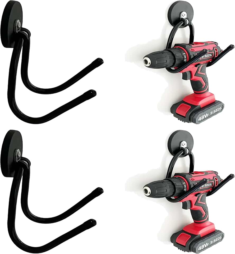 Pmsanzay 2 Pack Power Drill Tool Organizer Holder,Magnetic Tool Holders,Garage Tool Storage Rack,Heavy Duty Large Garage Magnet Utility Hooks with Rubber Coating, No Scratches - No Power Drill