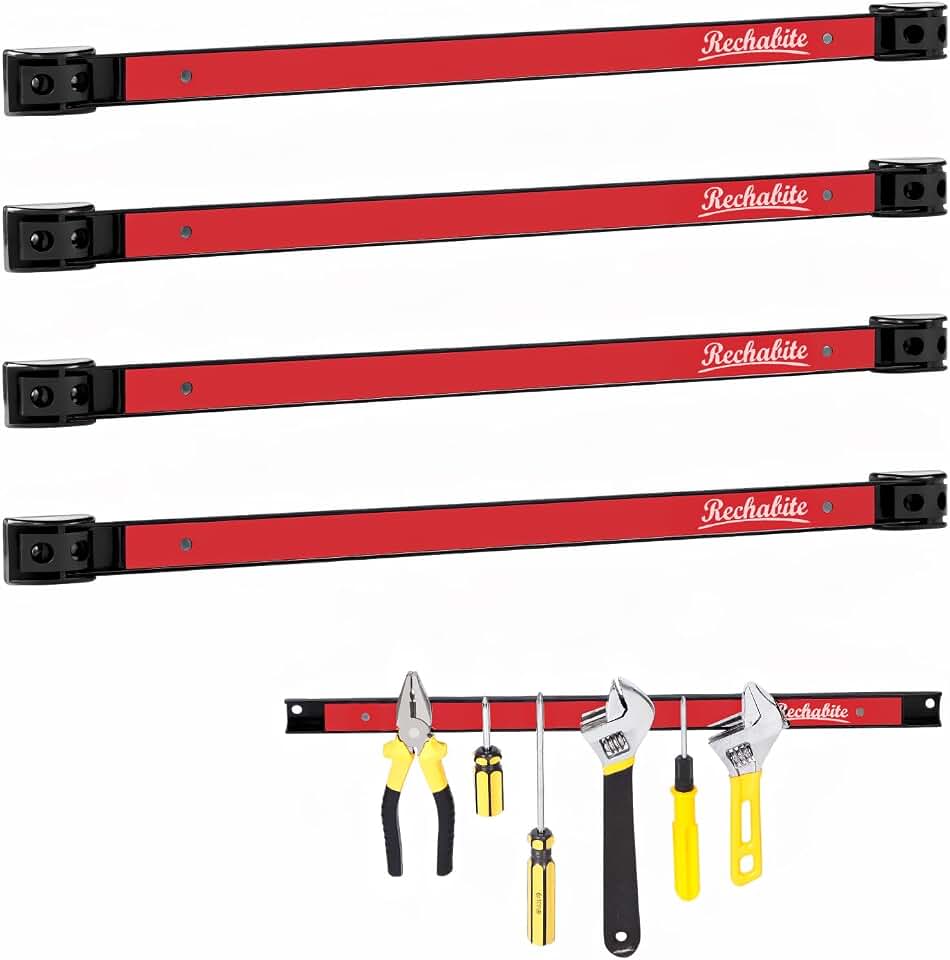 4 Pieces 18" Magnetic Tool Holder Strip, Red Magnet Bar, Metal Tool Organizer Rack for Garage Organization, Easy To Install in Workshop, Mounting Screws Included