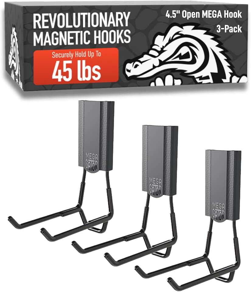 GATOR MAGNETICS MEGA 4.5 in Open Hooks, 45 lb Magnetic Hooks – 3 Pack | Patented Easy-Release, Non-Slip Grip. Works on steel cabinets, doors, garage, toolboxes, pole barns, utility vans &amp; more.