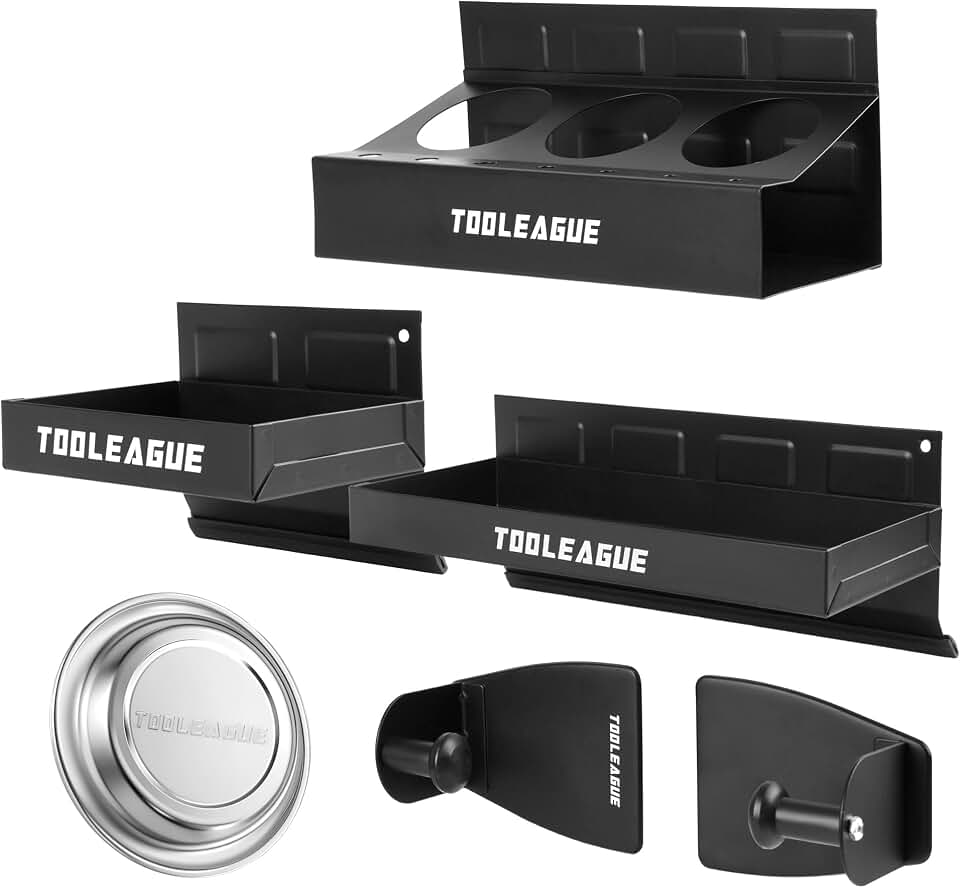 TOOLEAGUE 5Pcs Magnetic Toolbox Shelf, Tray and Holder Set | 2 Trays, Can Caddy &amp; Screwdriver Holder, Paper Towel, 4" Diameter Round Magnetic Parts Bowl for Tool Organization and Storage